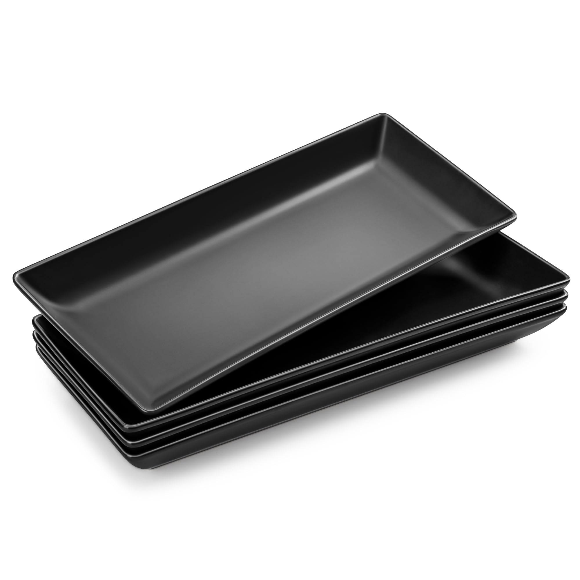 MALACASA Piatti da Portata in Porcellana 36 x 15,3 x 3,6 cm, Set di 4 Pezzi, Piatti da Portata Rettangolari Grandi per Buffet, Sushi, Torte, Antipasti a Casa, Feste o al Ristorante, Nero Opaco