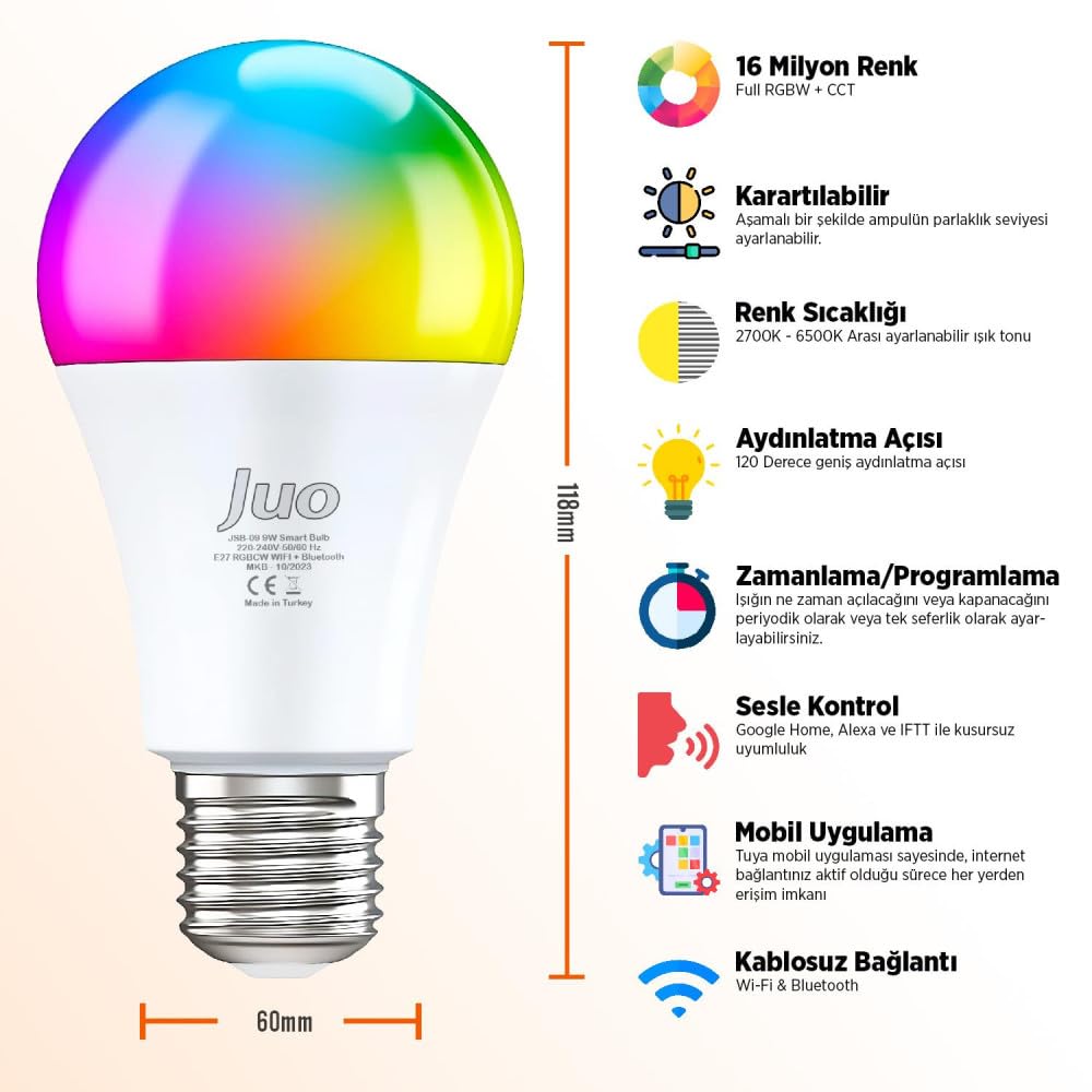 Juo Lumex Akıllı Ampul 9W RGB Wifi & Bluetooth