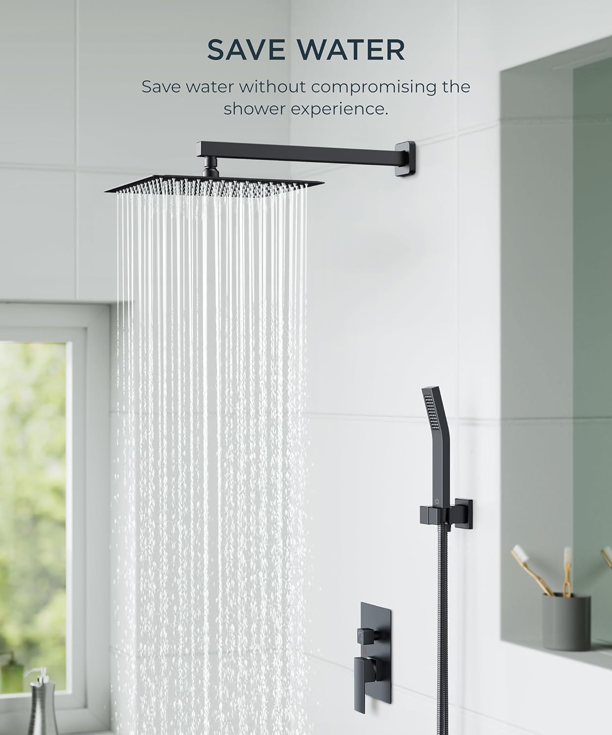 Grifo Ducha Negra Empotrada, Acero Inoxidable 304, 10 Pulgadas | 360° Duchas de Bano, Rociador Efecto Lluvia, Ajuste de Agua Fría y Caliente, Conjunto Grifo Duchas de Alta Presión