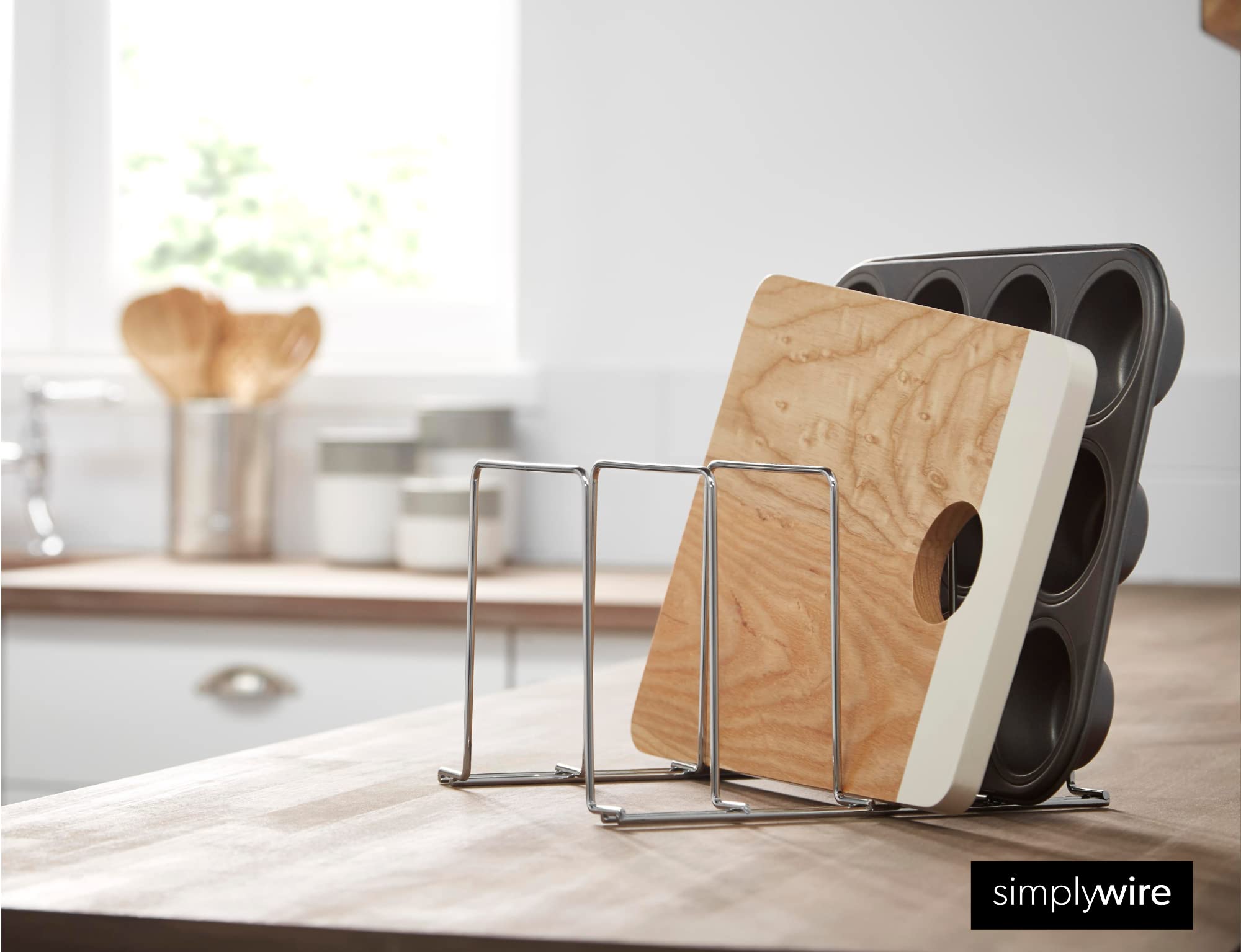 simplywire – Soporte para bandejas de Horno y Tablas de Cortar – Paquete de 2 - Almacenamiento de sartenes - Organizador para armarios de Cocina – Cromado