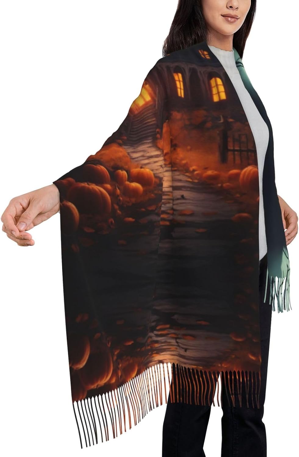 Elegant Scary Halloween Print Tassel Scarf, Warm Winter Accessory,77.6" X 28.3" Faux Cashmere Scarf