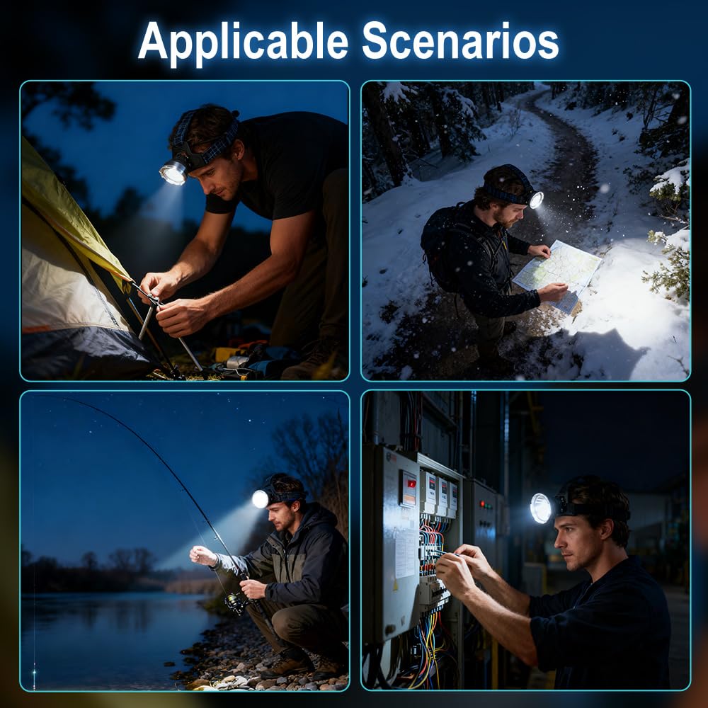 BORUIT Lampe frontale LED rechargeable, super lumineuse à 3 modes, alimentée par piles, réglable à 90°, USB C, étanche pour adultes, camping, randonnée, pêche
