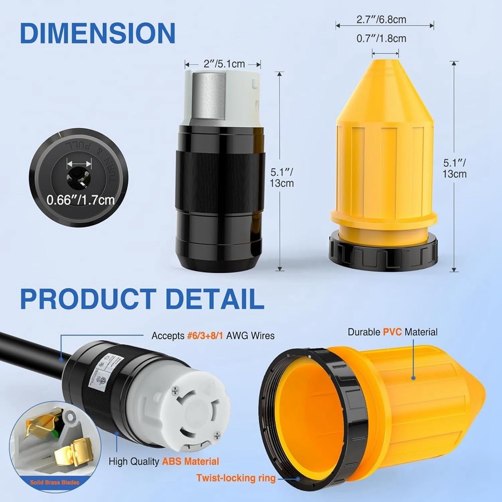 Kit Alimentación con Corriente para Vehículos Recreativos 50 Amperios con Protector Cable Arranque 125/250 V NEMA SS2-50P SS2-50R Bloqueo por Macho Hembra
