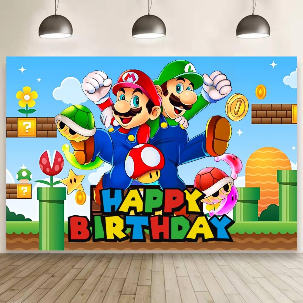 Mario Wall Decor Backdrop for Kids Birthday Decorations Mario Banner for Birthday Party Supplies (5x3ft)