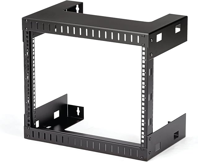 StarTech.com 8U 19" Wall Mount Network Rack - 12" Deep 2 Post Open Frame Server Room Rack for Data/AV/IT/Computer Equipment/Patch Panel with Cage Nuts & Screws 135lb Capacity, Black (RK812WALLO)