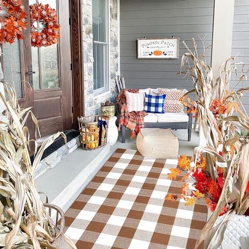Ckorzen Coffee and White Plaid Rug, 4' x 6' Outdoor Front Porch Door Decor Mat, Washable Cotton Woven Farmhouse Area Rug for Layered Door Mats Carpet, Entryway, Easter Décor