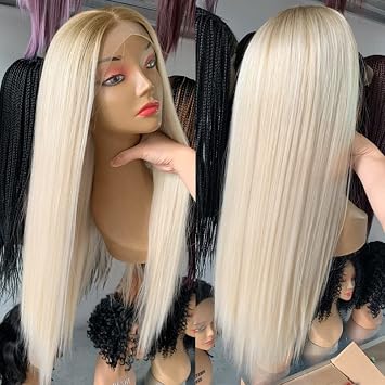 Knamoda Ash Blonde Wig with Dirty Blonde Root,Glueless Long Silky Straight Ombre Blonde Lace Front Wigs For Women