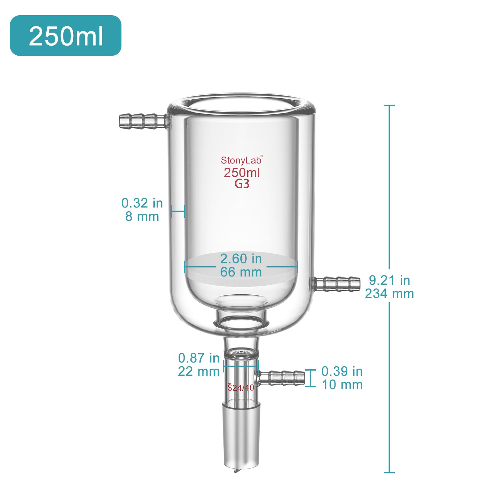 stonylab Embudo Buchner Jaquetado con Disco Filtro Frito (15-40 μm), Vidrio Borosilicato, Conexión 24/40, Conexión de Manguera 10 mm, 250 ml para Filtración al Vacío con Control de Temperatura