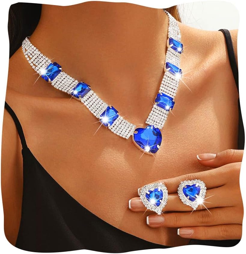Royal Blue Necklace and Earring Set Heart Crystal Jewelry Set Wedding Necklaces for Women