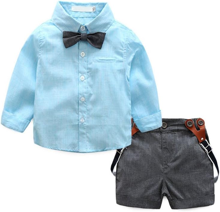 Baby Boy Summer Cotton Gentleman Long Sleeve Bowtie Romper Suspenders Shorts Outfit Set