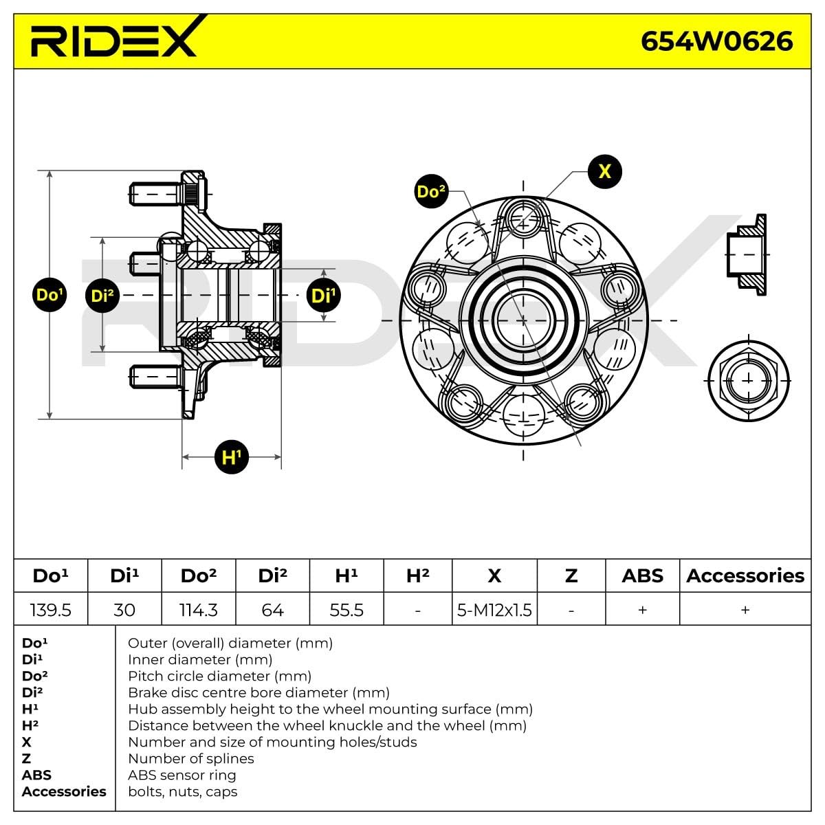RIDEX 654W0626 Juego de cojinete de rueda Trasero ambos lados con buje de rueda Compatible con HONDA CIVIC VIII Hatchback FN, FK