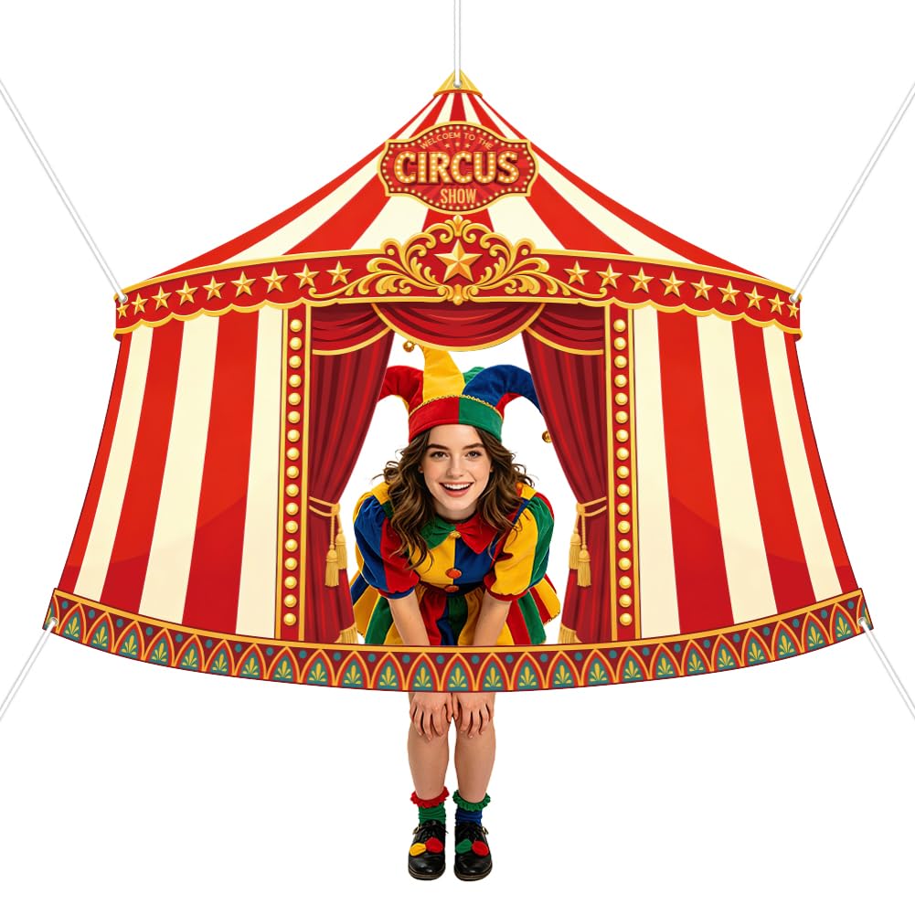 WADORN Red Circus Tent Photo Booth Props 6.5x4.9Ft Carnival Circus Theme Party Decorations Carnival Tent Photography Background Banner for Amusement Park Decor Game Birthday Party Supplies