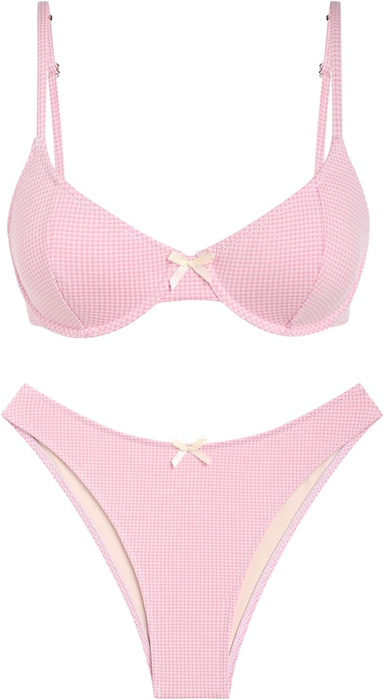 seamoly Vintage Gingham Bowknot Decor Tied Back Underwire Bikini Set