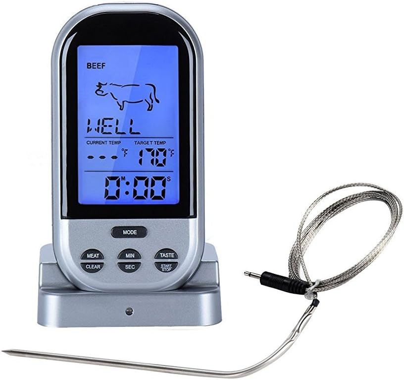 TEMPCARE Wireless Remote BBQ Meat Thermometer - Remote BBQ, Smoker, Grill, Oven, Digital Meat Thermometer Dual probes- Larger LED Display and added Multi - Function-Red (Silver)