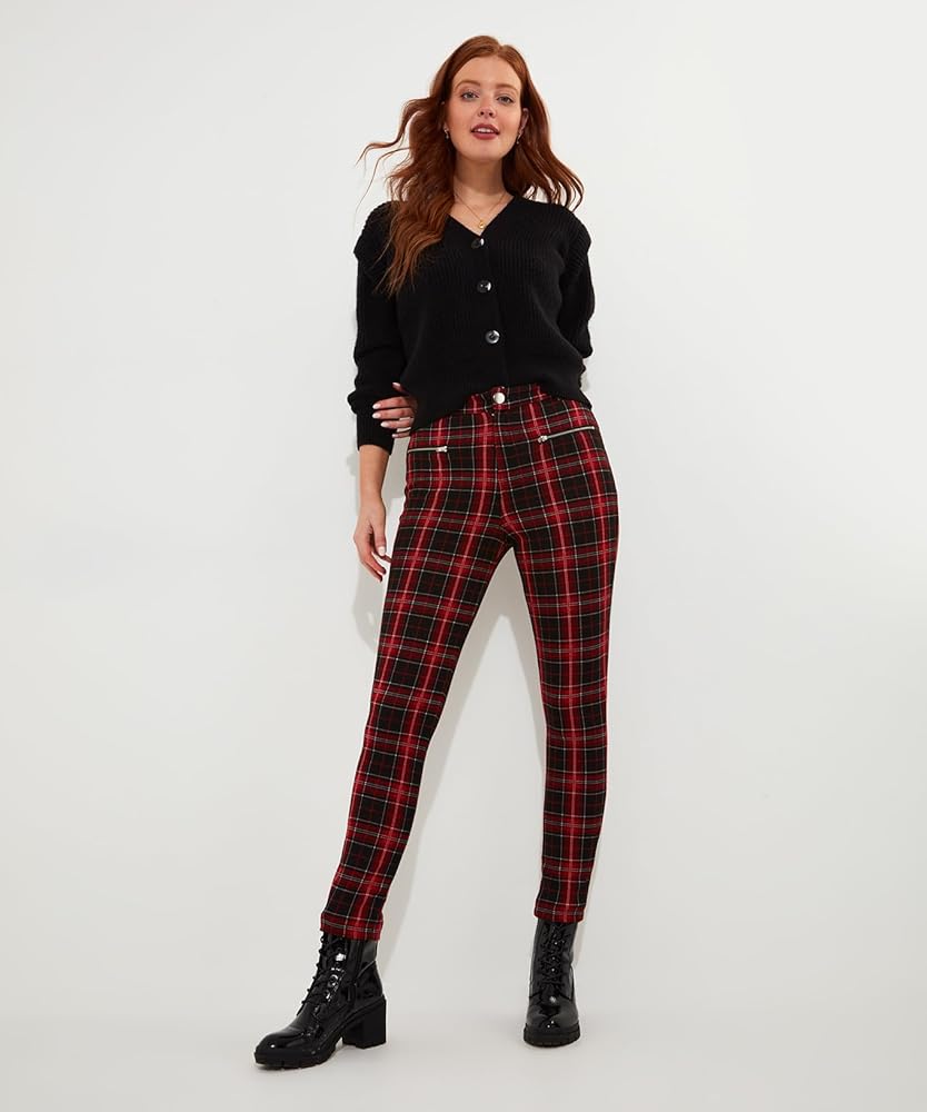 Smokey Joe’s Tartan Check Wide Slacks Joe Browns Women's Fashion Tartan Check Zip Detail Skinny Trousers