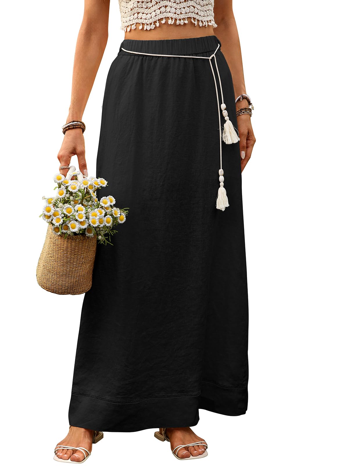 Womens Pure Linen Maxi Skirt with Tassel Belt 100 Linen A Line Wrap Skirts