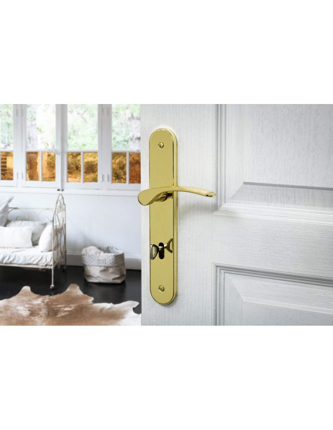 THIRARD - Ensemble de Poignées pour Porte de Chambre Dionysos - Acier Embouti - Design Élégant - Trou de Clé - Entr'Axes 195 mm - Carré 7 mm - Finition Laiton - Jaune/Doré