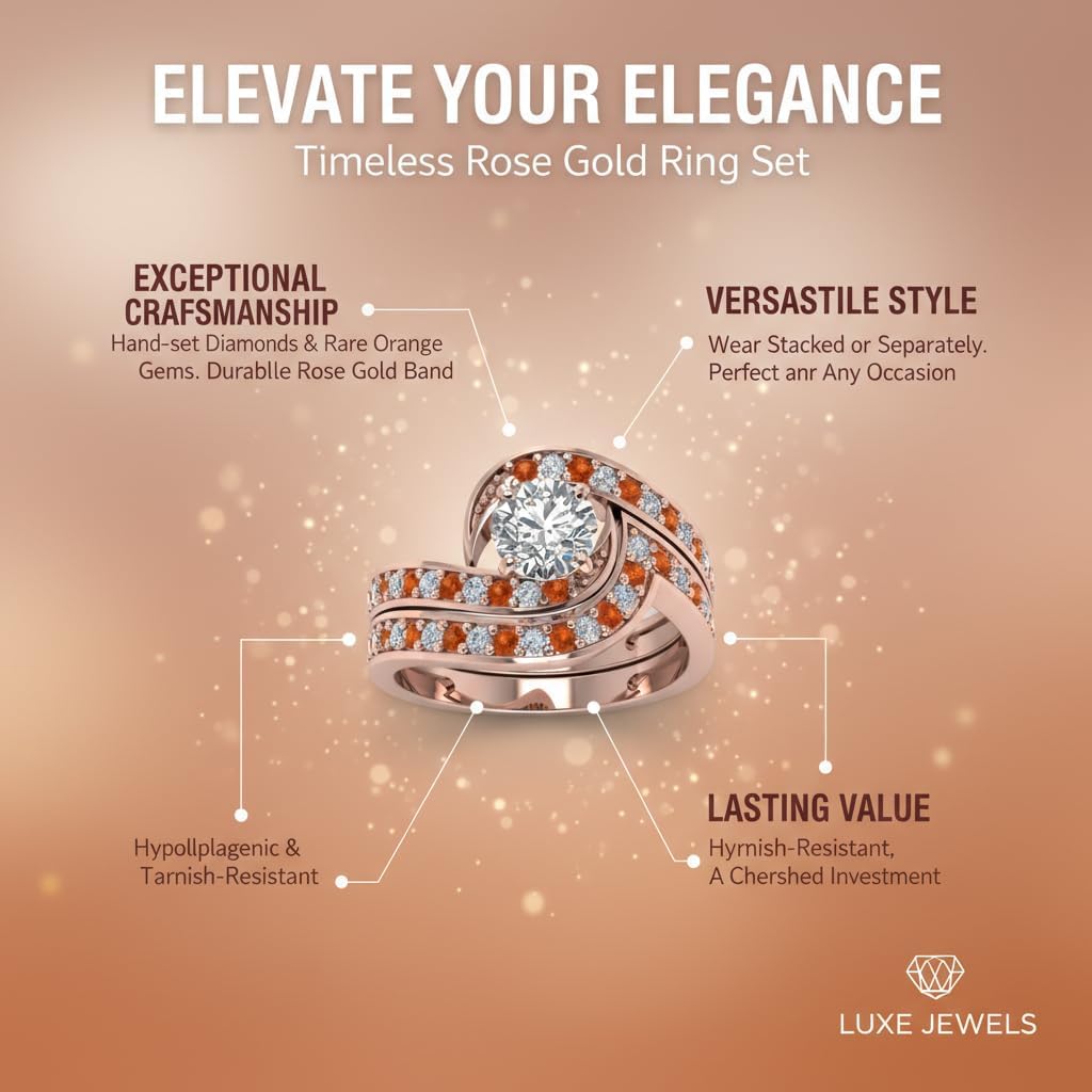 Choose Your Gemstone Swirl Pave Diamond CZ Wedding Ring Set Rose Gold Plated Round Shape Wedding Ring Sets Everyday Jewelry Wedding Jewelry Handmade Gifts for Wife US Size 4 to 12