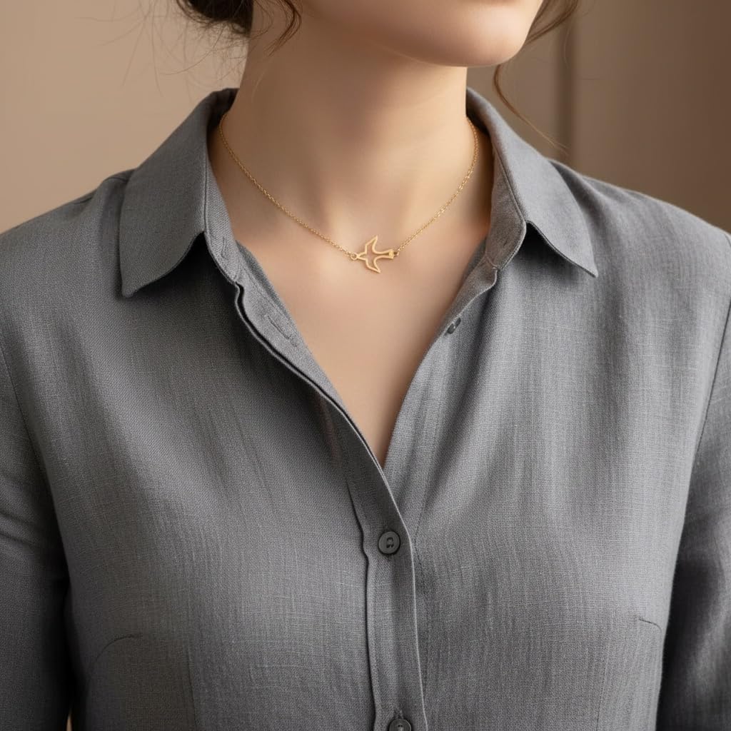 18K Yellow Gold Plated Dainty Gold Bird Choker Necklace, 18 Karat Gold Plated over Stainless Steel Flying Dove Pendant Chain, Minimalist Fashion Jewelry for Women, Tarnish Resistant, 13.5-Inch Length with a 2-Inch Extension