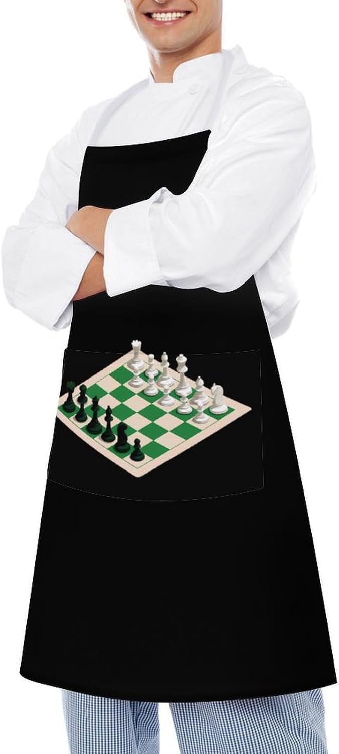 Chess1 Board White And Green Funny Apron Chef Aprons with Pockets for Gardening Cooking Kitchen
