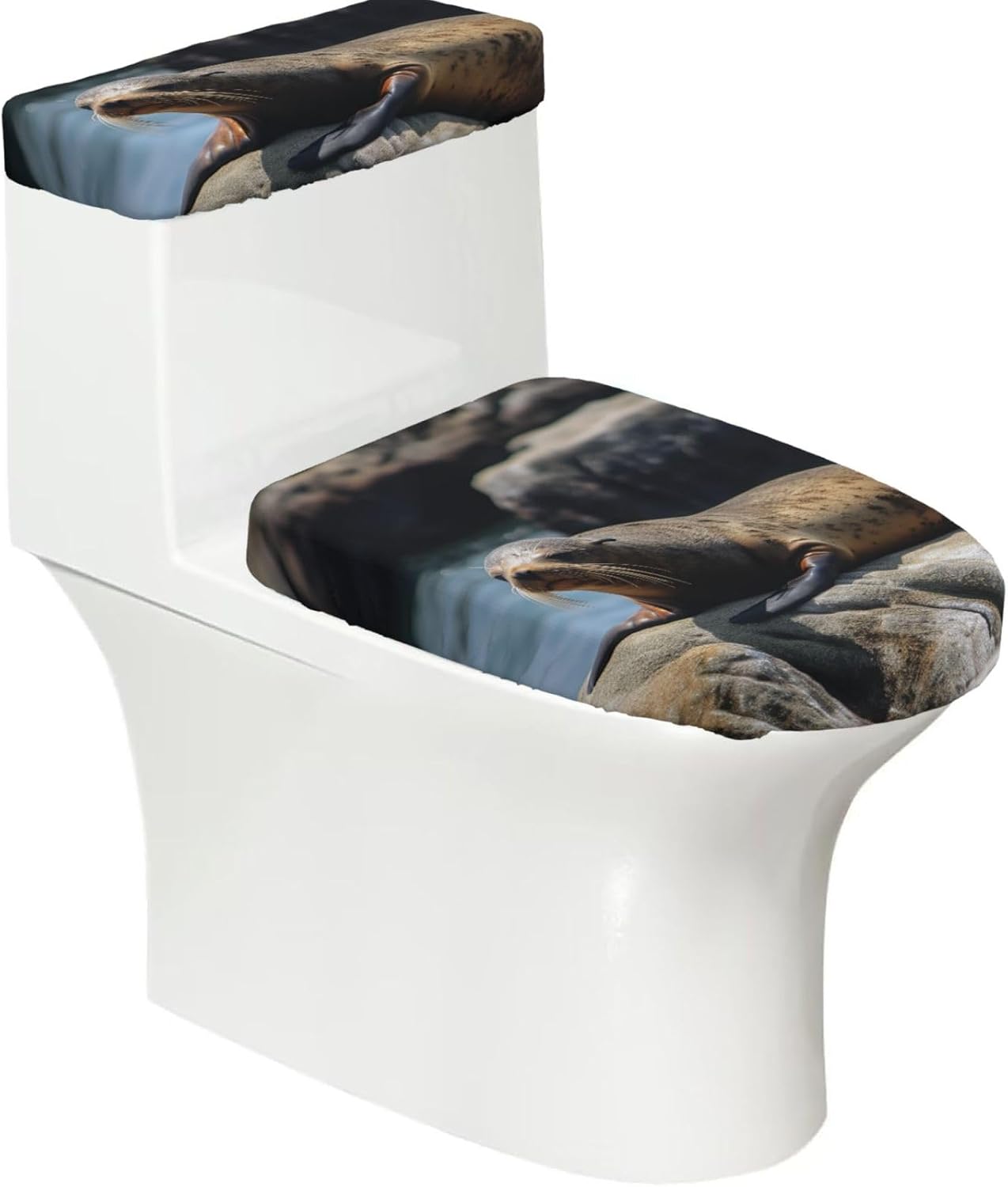 2 Pcs Toilet Lid Cover and Toilet Tank Lid Cover Set, Dustproof Toilet Seat Cover with Elastic Bottom Universal Stretch Toilet Cover Brown Seal on the Rock Bathroom Toilet Protector