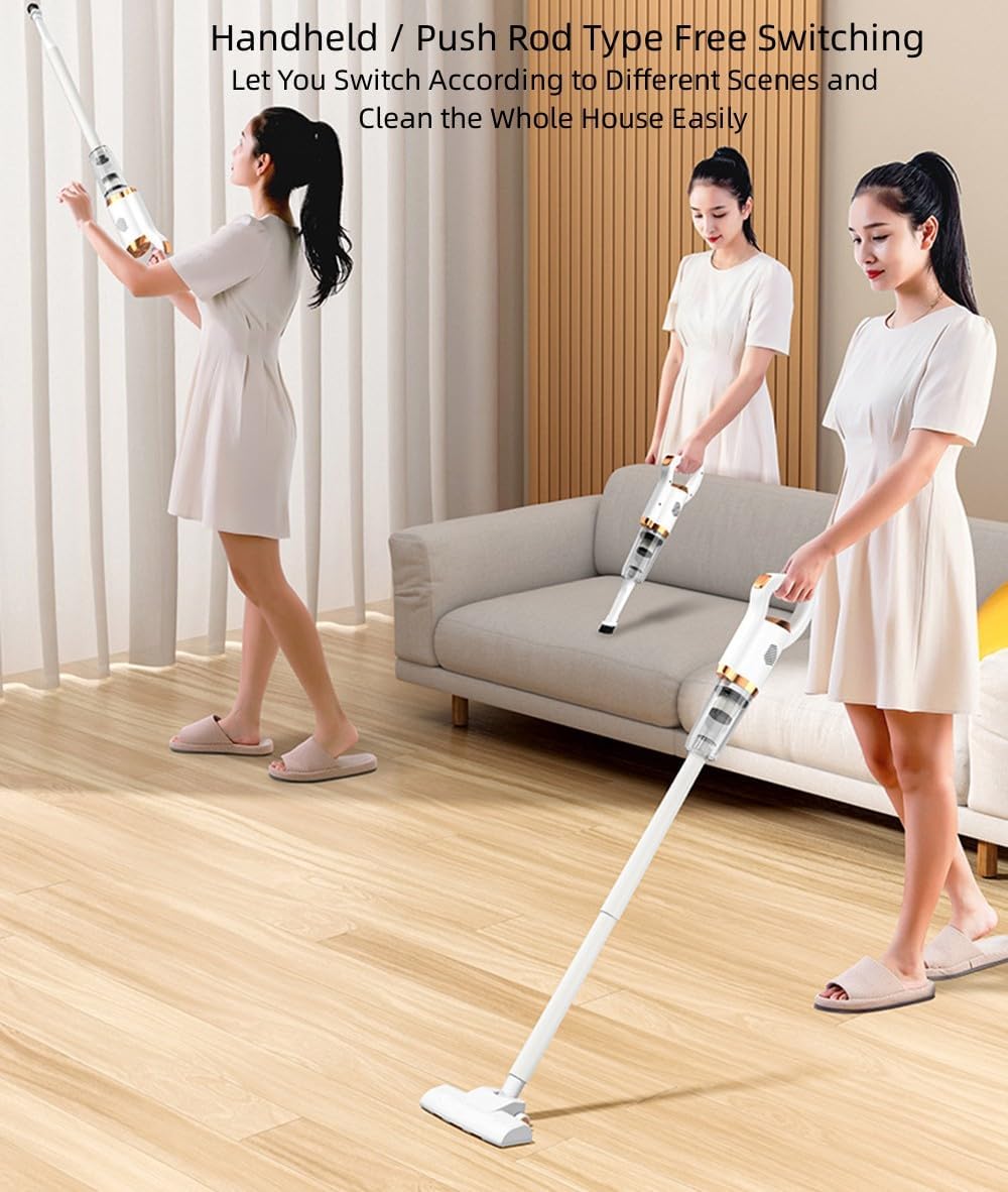 Lightweight Cordless Vacuum Cleaner, 30 min-Running, 9000Pa Powerful Suction Stick Vacuum Rechargeable Handheld Vacuum Cleaner, Quiet Upright Vacuum for Pet Hair Hardwood, Carpets (White)