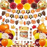 Fall Pumpkin Birthday Party Decorations, 97 Pcs Thanksgiving Autumn Themed Birthday Party Supplies Including Pumpkin Banner, Cake Toppers, Maple Leaves, Balloons, Paper Pompoms