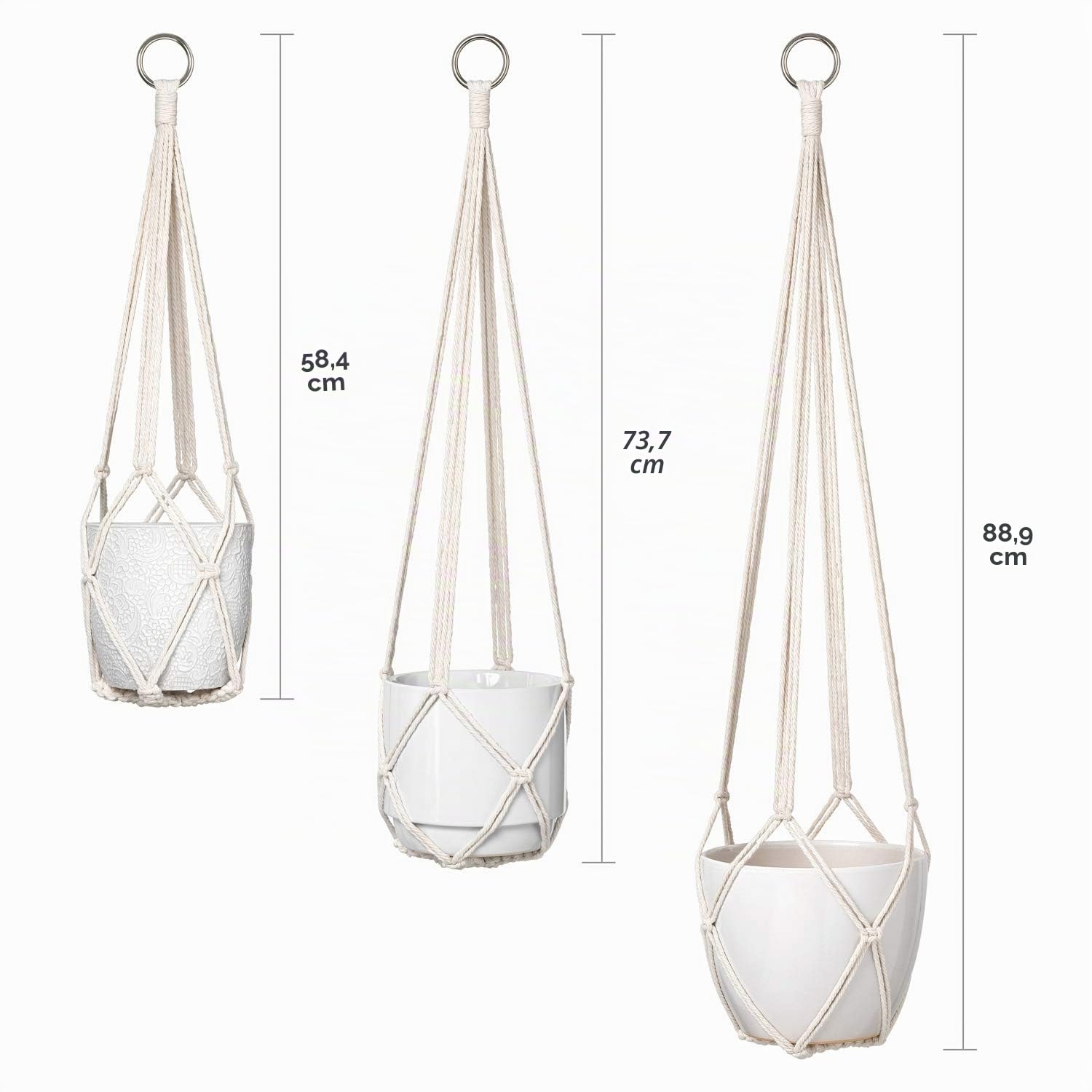 Dahey Makramee-Pflanzenaufhänger, Set mit 3 Haken für den Innenbereich, zum Aufhängen, Pflanzkorb, handgefertigt, gewebtes Baumwollseil, Blumentopf, Häkelpflanzenhalter für Boho, 3 Größen, beige
