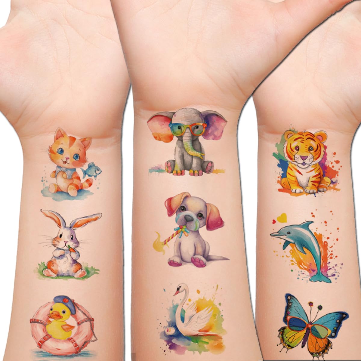 Hohamn Watercolor Animals Temporary Tattoos for Kids, 10 Sheets Cartoon Watercolor Animals Tattoos for Girls Boys Birthday Party Supplies Gifts