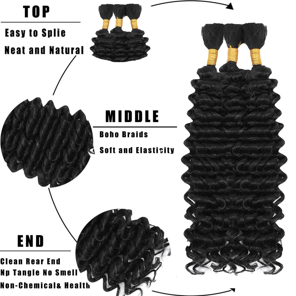 1B Natural Black Bulk hair for Braiding Deep Wave capelli umani 3 Bundles/Pack No Weft Premium Braiding Hair Extensions for Boho Braids With Minimal Tangle 18 18 18 Inch