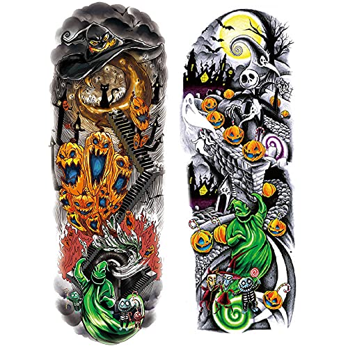 12 Sheets Nightmare Before Christmas Full Arm Temporary Tattoo Stickers, Tumbler Tattoo, Black Body Tattoo Stickers For Kids, Adults,Halloween, Party, Masquerade #TOP1