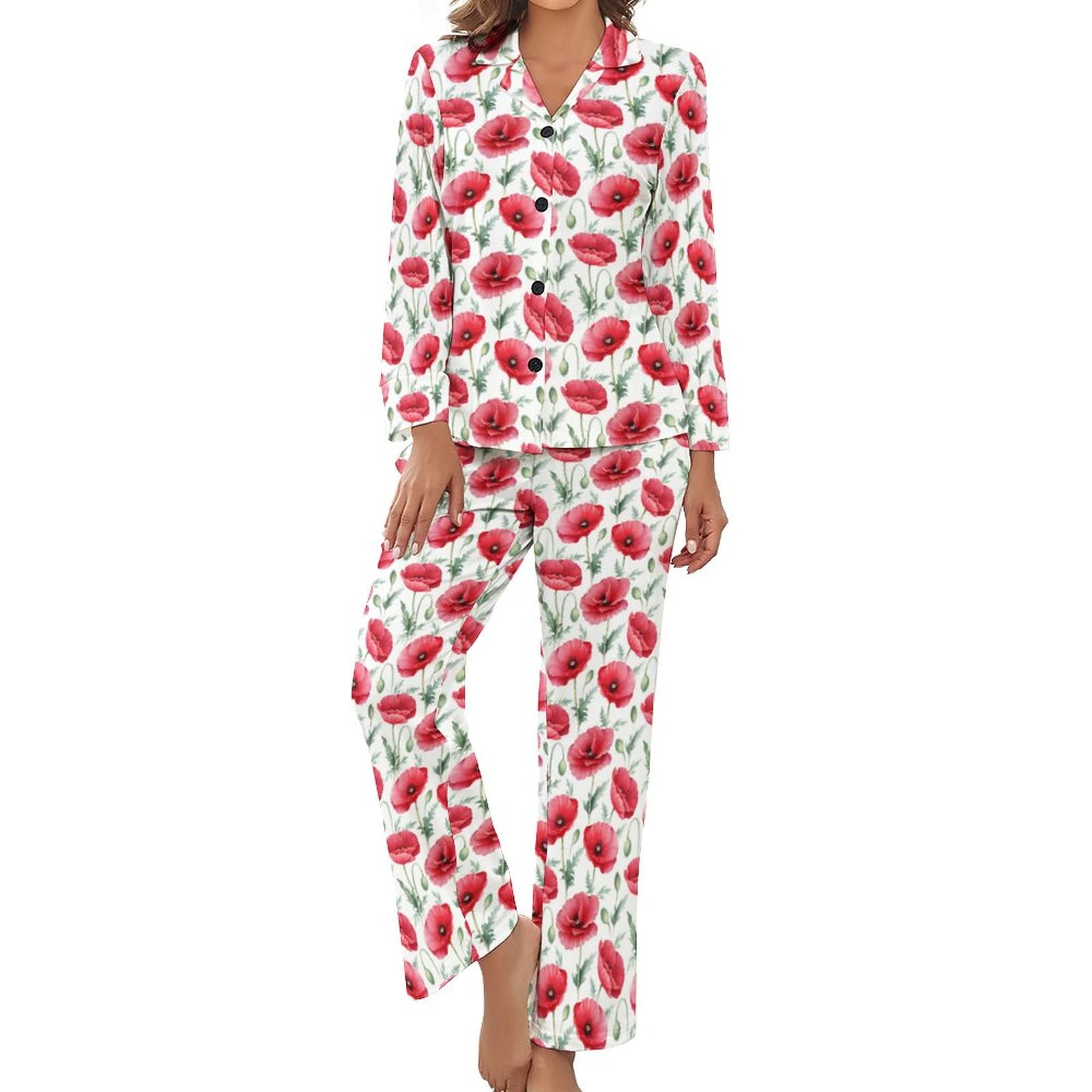 Women's Black Poppy Flowers Pajamas Set Long Sleeve Pj Set Button Down Sleepwear Pajamas Loungewear M