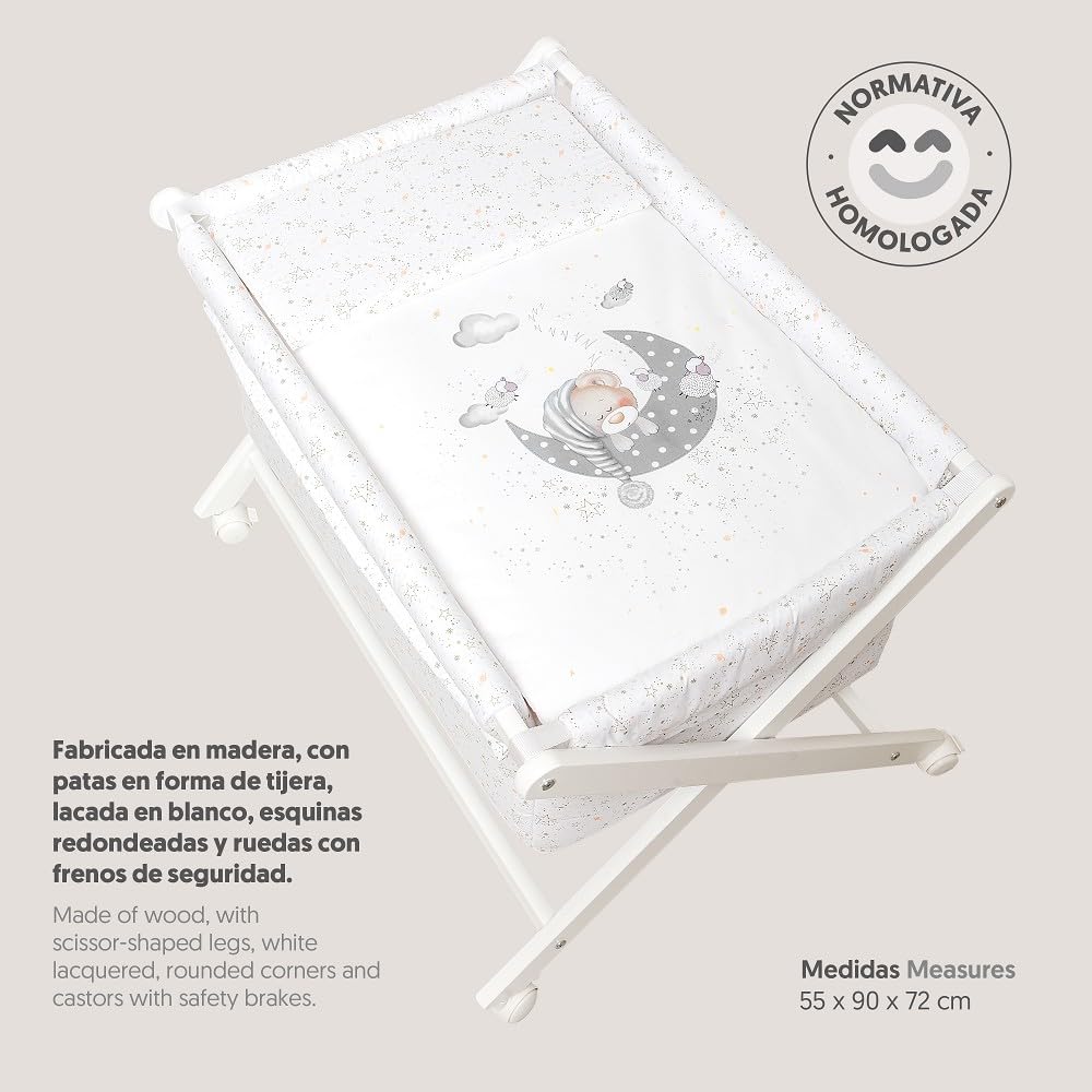 Interbaby - Minicuna Plegable Tijera modelo Bear Sleeping - Estructura de madera con Vestidura (Colcha y Almohada Desenfundable) con Colchón.
