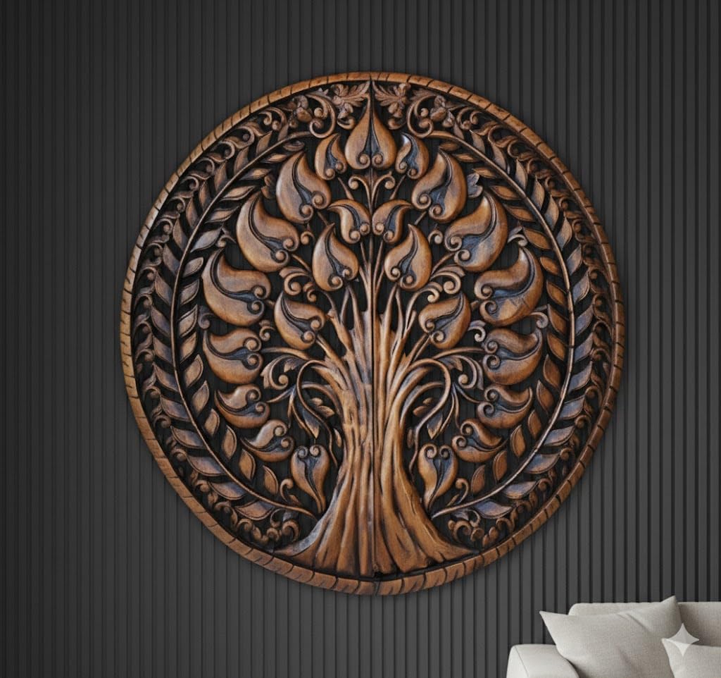 WoodIdea 24 x 24 Inch Carved Wood Tree Bodhi Tree of Life Lotus Flower Wooden Large Wood Wall Hanging Art Panel - Brown, Rustic Vintage, Nature, Spiritual - Living Room Wall Decor-image-22