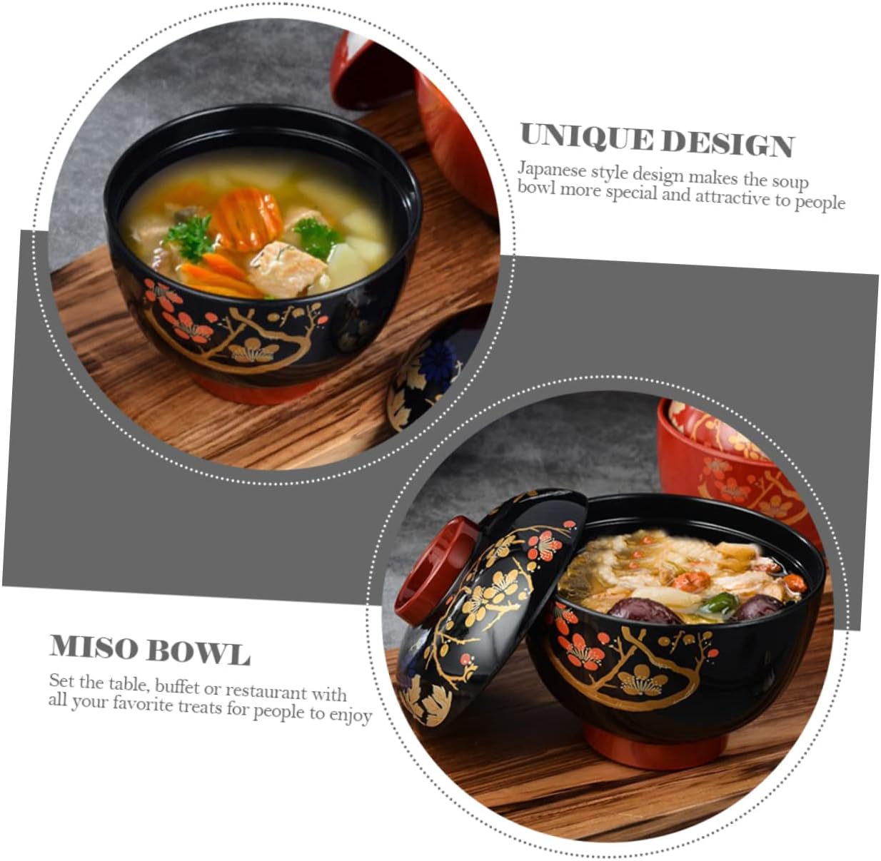 Black, Japanese Miso Soup Bowl with Lid, Heat Resistant, Melamine