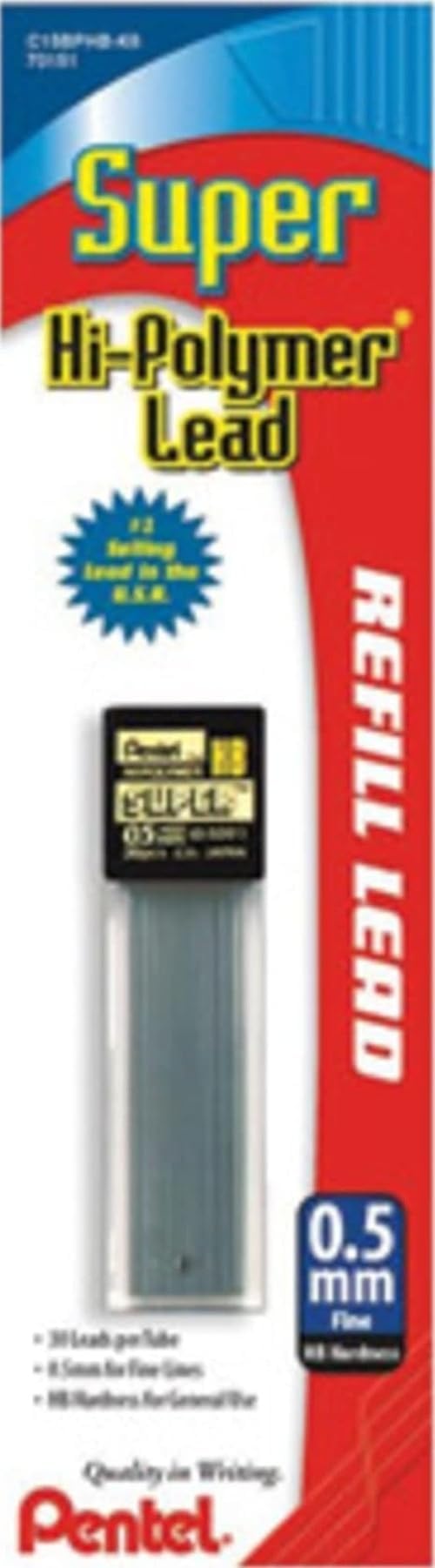 Pentel Super Hi-Polymer Lead Refill 0.5mm Fine, HB, 30 Pieces of Lead (C15BPHB-K6)