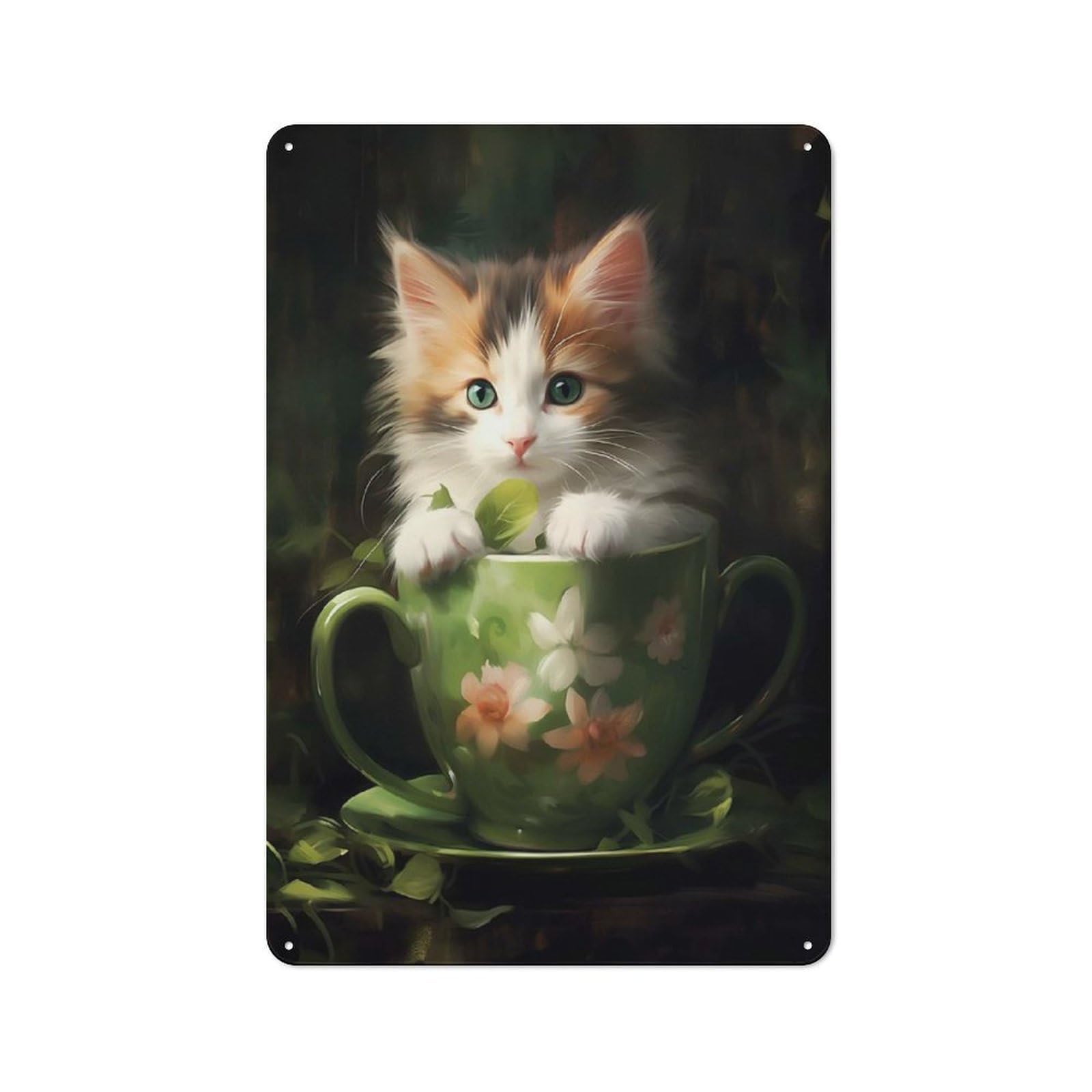 Junmoney Style-12 For Living Room Or Hallway, Kitten In Teacup Vintage Metal Plaque 30X20cm, For Vintage Wall Decor Fans, For Metal Sign Collectors