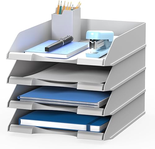 Miniatura 8 de Paquete de 4 bandejas de papel apilables para documentos de cartas, organizadores de archivos de escritorio para suministros de oficina, soporte