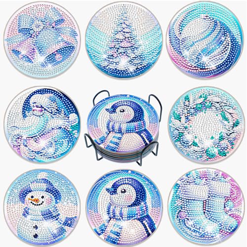 8 Pezzi Diamond Painting Sottobicchiere, 5D Fai Da Te Pittura Diamante Sottobicchiere Natale，Diamond Painting Sottobicchieri Natalizi, per Tazze, Bicchieri da Vino e DIY Decorazioni per la Tavola