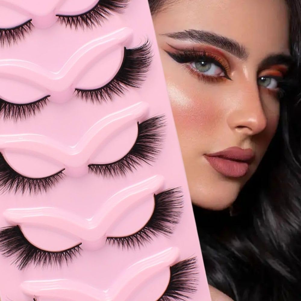 Fake Eyelashes Wispy Natural Look Cat Eyelashes 5 Pairs 14MM Faux Mink False Eyelashes, Short Accent Corner Strip Eyelashes Fluffy Half Lashes Set, Cluster with Clear Band