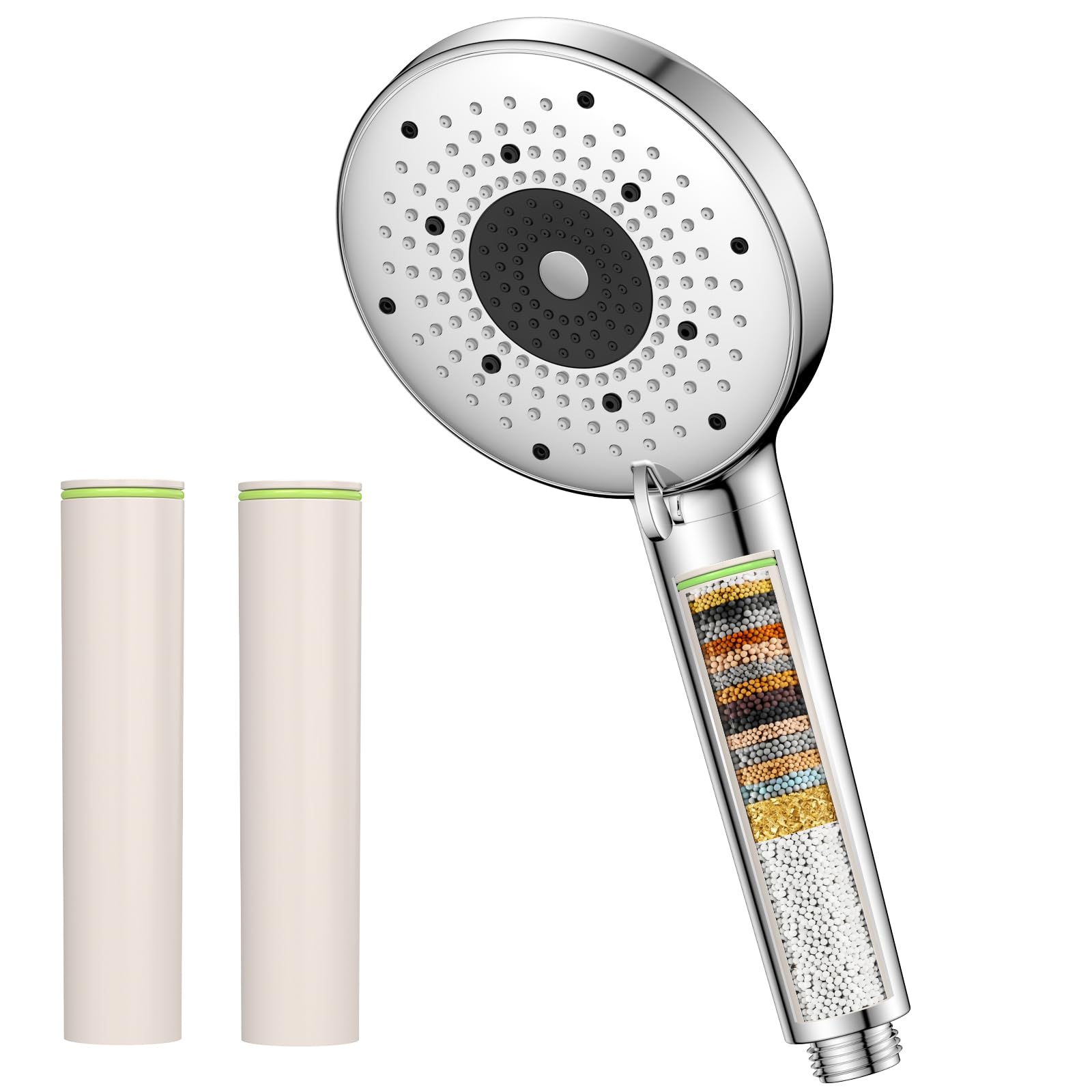 YEAUPE PRO Soffione Doccia con Filtro a 25 Fasi, Soffione Doccia ad Alta Pressione Ø 115mm con 6 Getti Regolabili, Doccia Anticalcare con 2 Filtri di Ricambio, Purificazione Acqua, Cromato Universale