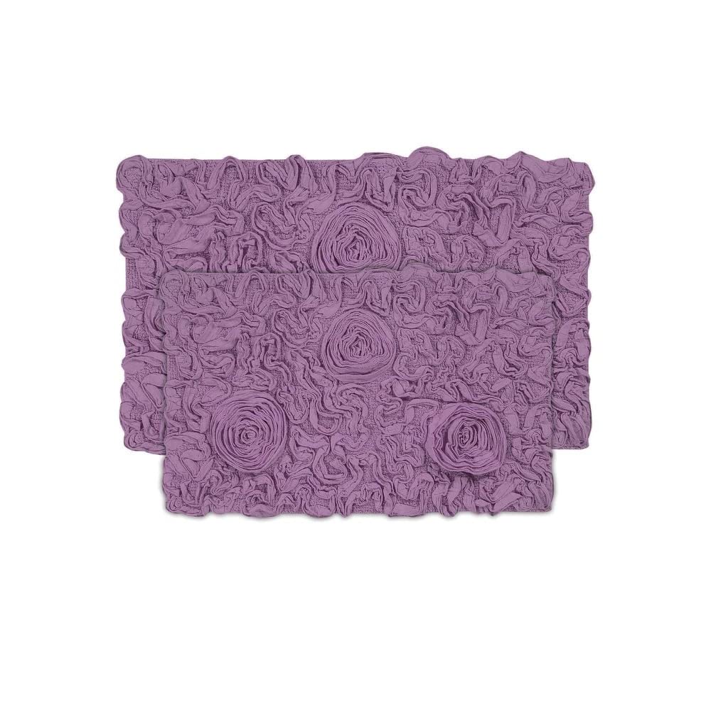 All Season Durable Purple Plum Cotton Bathroom Rugs Sets 2 Piece with Pretty Floral Tufted Pattern On Solid