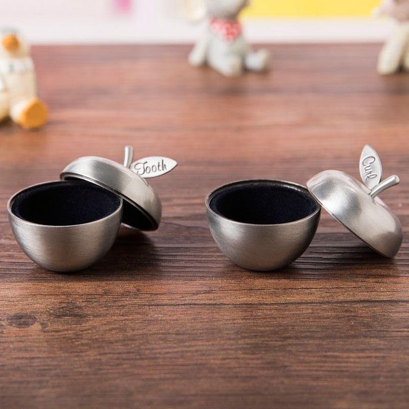 Vintage Pewter Baby Tooth and Curl Keepsake Box Set – Apple Shaped Memory Containers with Velvet Interior – First Tooth and First Curl Holder