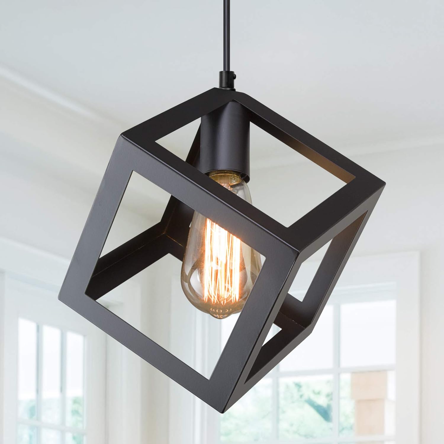 Geometric Cage Pendant Lighting, Modern Industrial Hanging Light Fixture for Kitchen Island, Foyer, Entryway, Dining & Living Room