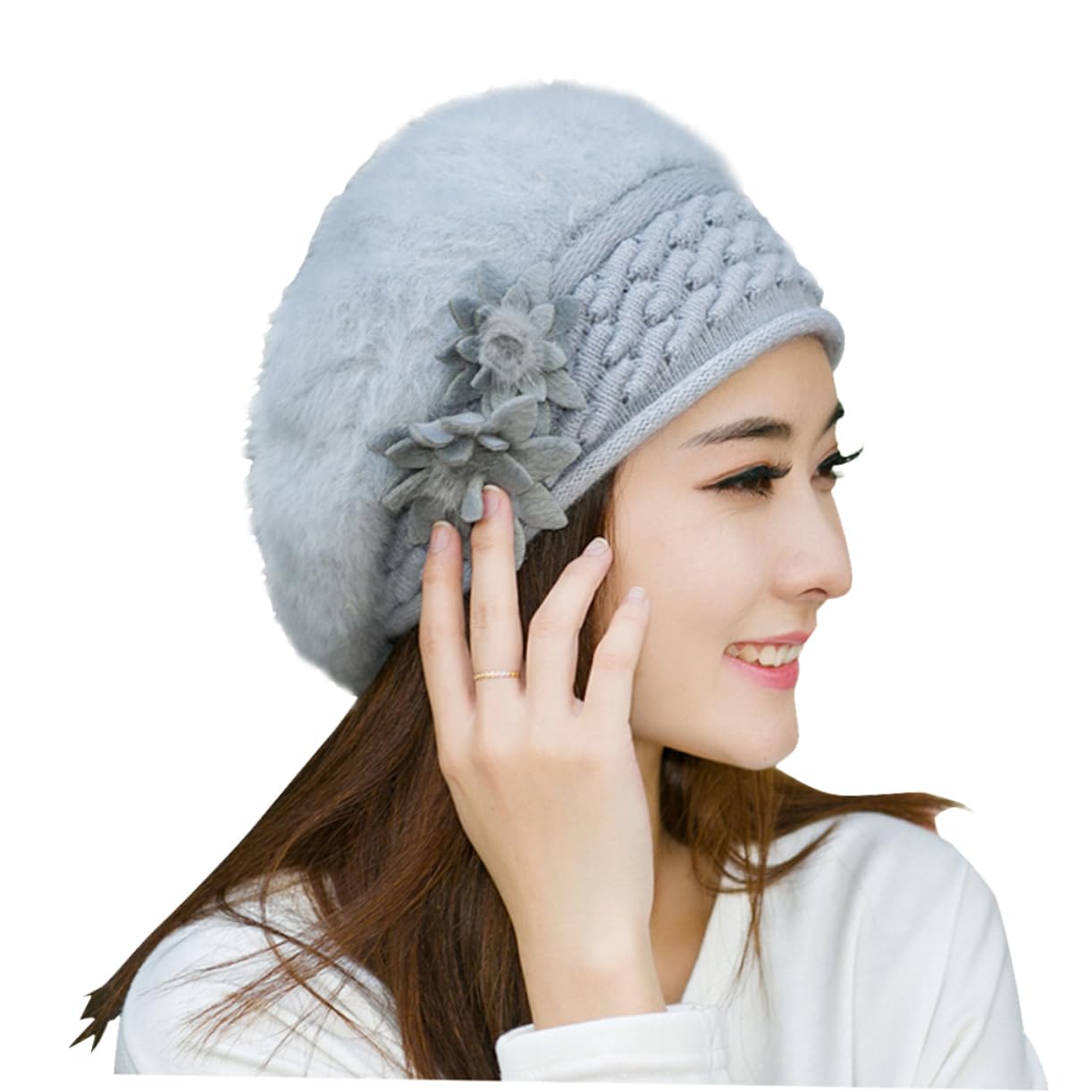WOFASHPURET Warm Women's Knitted Flower Beret Wool Hat for Outdoor Activities Grey