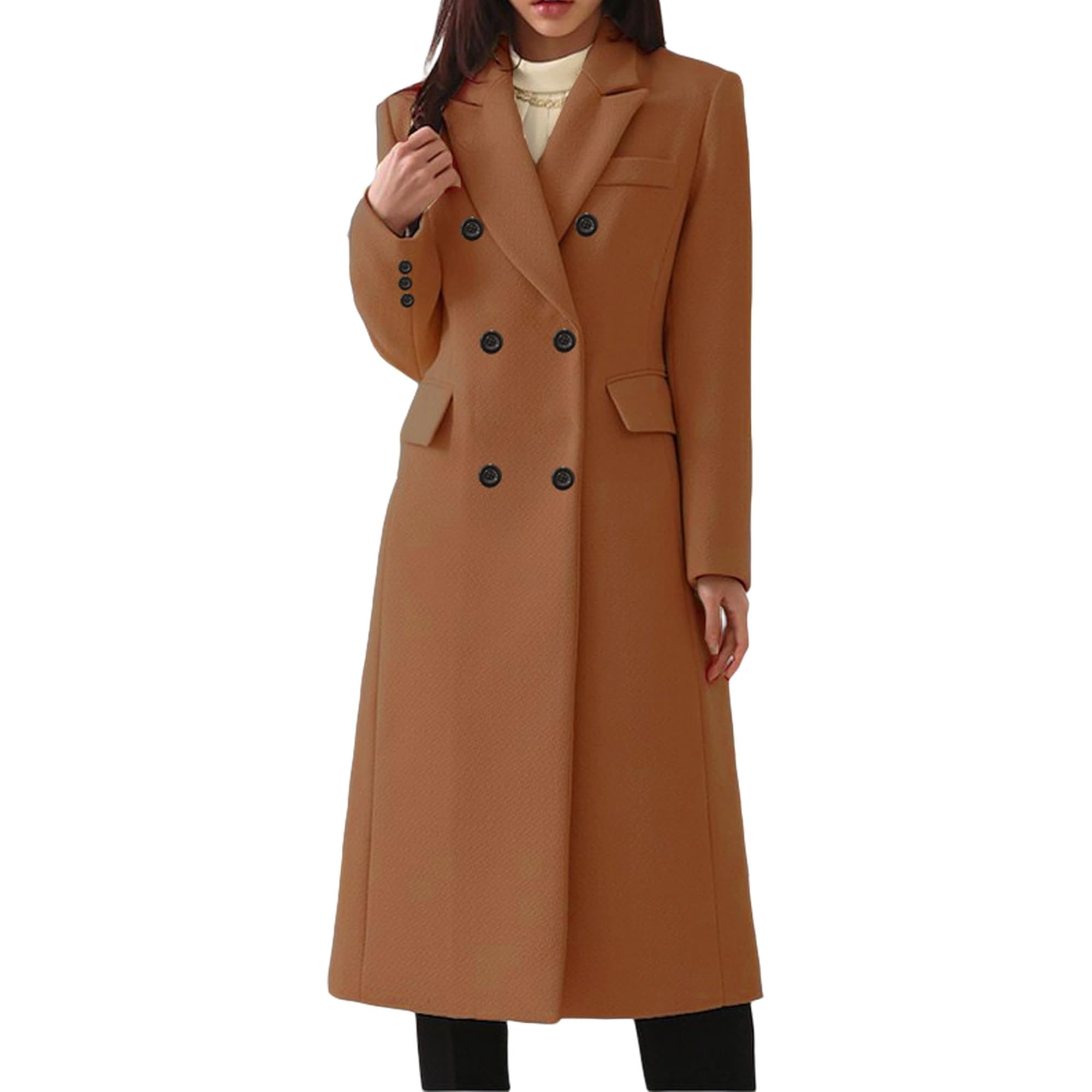 Cappotto lungo da donna classico a doppiopetto con revers a tacca, giacca invernale elegante e calda.