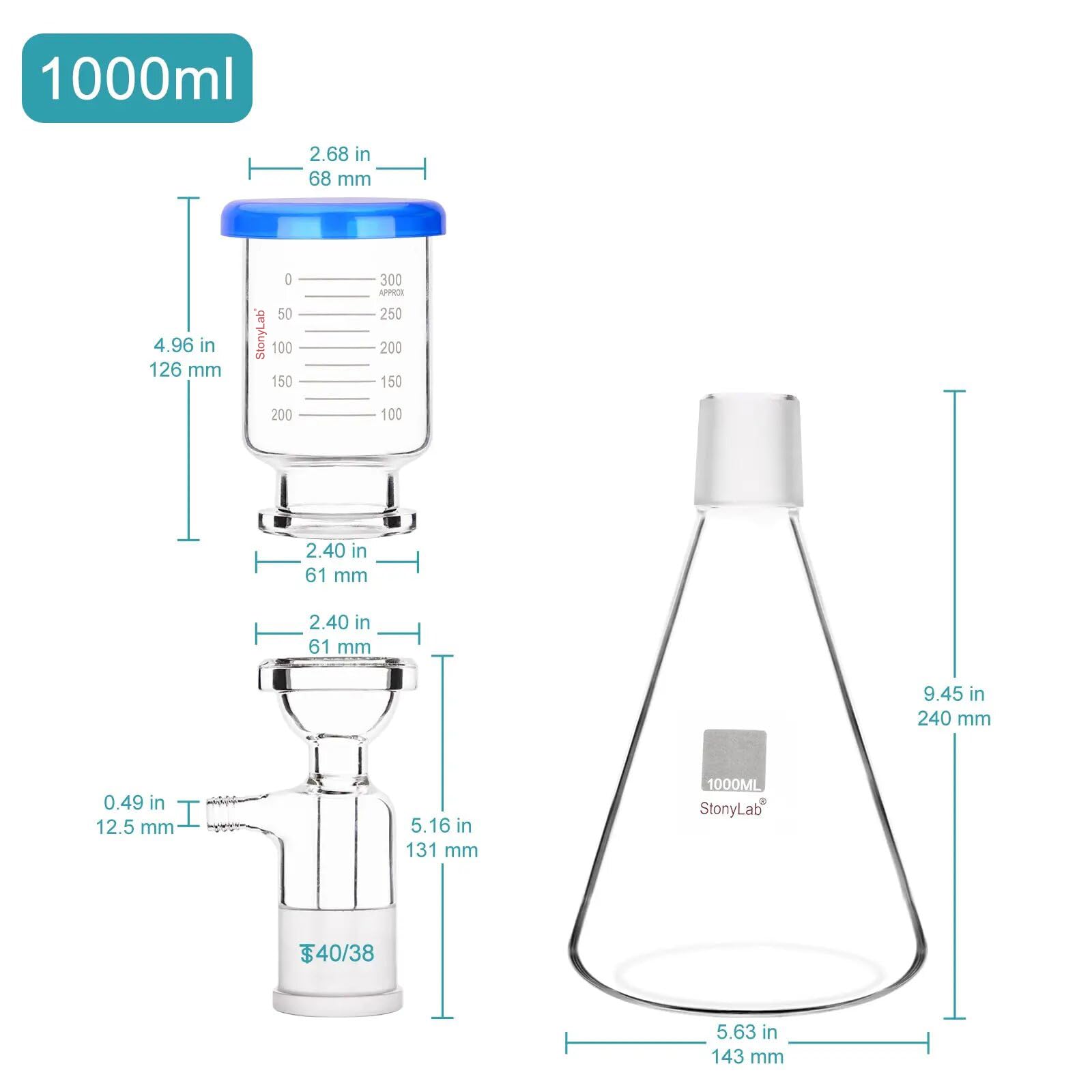 stonylab Laboratorio Imbuti di Filtrazione Vetro, Filtro per Vuoto da Laboratorio, Apparecchio di Filtrazione, Kit Filtro con Matraccio Filtrante da 1000 ml e Imbuto Graduato da 300 ml