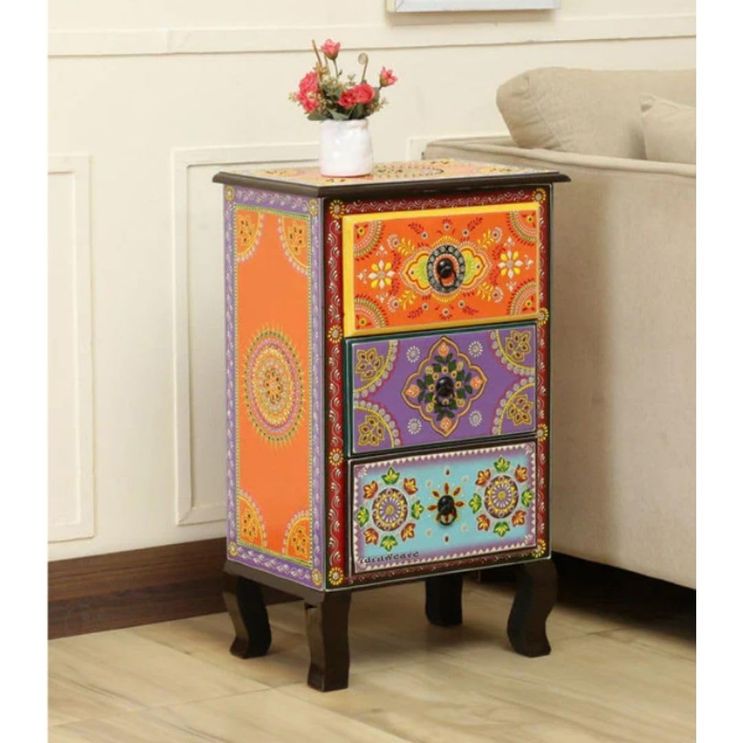 FURNWEAVE Solid Wooden Chest of Drawers- Handpainted Rajasthani Traditional Chest of Drawers for Bedroom- Sheesham Wood Side Table for Living Room Decor, Multicolor-image-1
