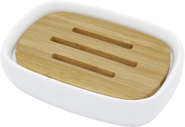 Lofekea Ceramic Soap Dish Bamboo Soap Holder for Bathroom and Shower Double Layer Draining Soap Dish Tray