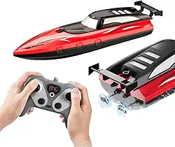 Lancha Barco de Controle Remoto 2.4 GHz, à Prova D'água para Rio Lago Piscina, Bateria Recarregável (Vermelho)